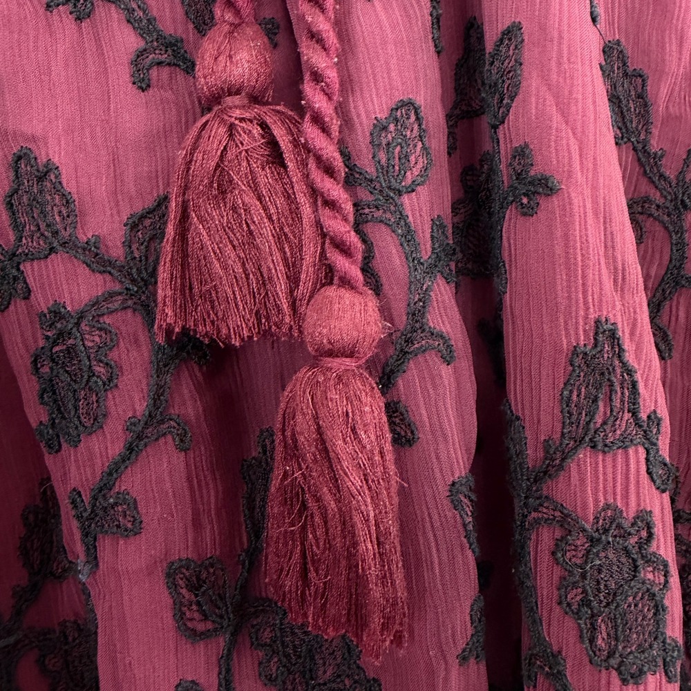 Sundance Top Womens Small Burgundy Floral Embroidered Tassel Tie Long Sleeve - Picture 3 of 13